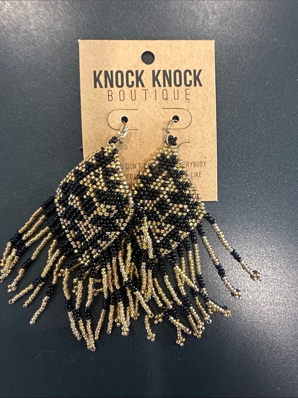 Black & Gold Beaded Fringe Teardrop Earrings